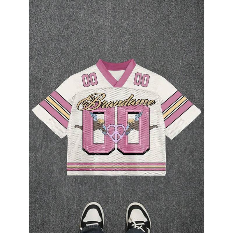 Noixe Men's Letter & Angel Print V-Neck Loose Short Sleeve T-Shirt