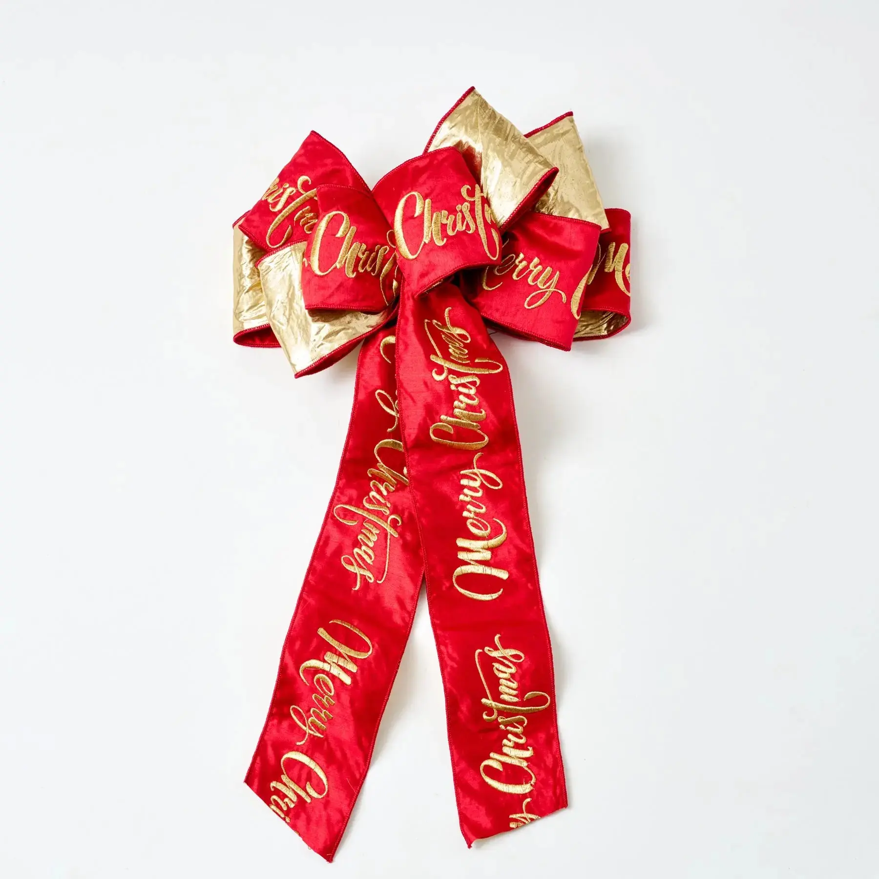 Extra Large Christmas Red & Gold Reversed Floral Dupion Craft Ribbon, Hand-Tied Center Loop Bow with Embroidered Merry Christmas Design, Traditional Festive Home Decoration, Craft Ribbon Christmas Decor