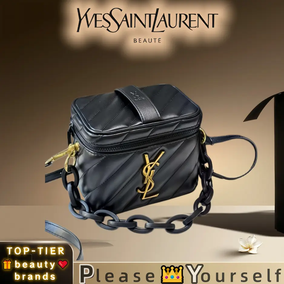 YSL Beauty Gift Leather Makeup Pouch With Chain Strap, Multi‑Purpose Cosmetic Storage Bag for Travel & Daily Use