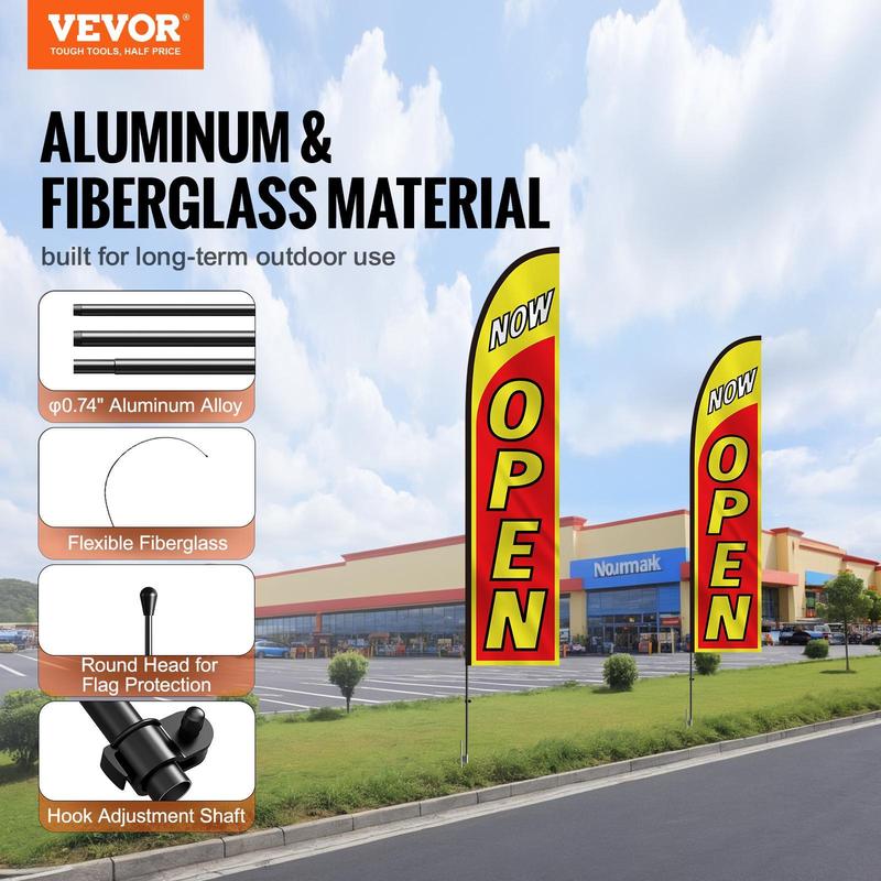 VEVOR Open Flags with Pole Kit, Advertising Flags for Business Outside, Advertising Feather Flag Kit, Includes 2 Banner Flags, 2 Poles, 2 Ground Stakes, Open Sign Swooper Flags for Businesses 16.3 FT Aluminum Lightweight