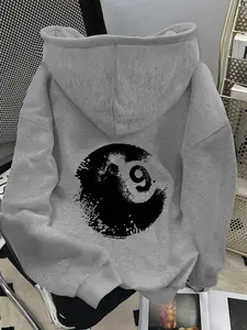 Women's Casual Hoodie with Lucky Number 9 Print, Billiard Pattern, Fitted Long Sleeve, Fashionable Street Style, Fall & Winter