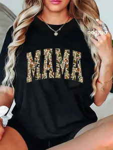 Women's Mama Graphic T-Shirt, Retro Camo Print Short Sleeve Casual 100% Cotton Top for Everyday Wear