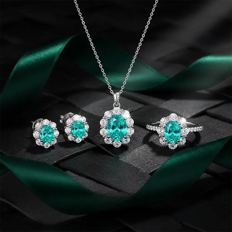 Sparkling Pigeon Egg Ice Flower Cut Diamond Fully Inlaid Paraiba Green Ring, Earrings, Necklace Pendant Classic Three-Piece Set