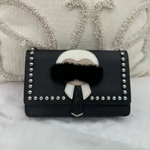 Pre-owned FENDI Karl Lagerfeld Chain Bag | Black Leather Fur Karlito|18883029