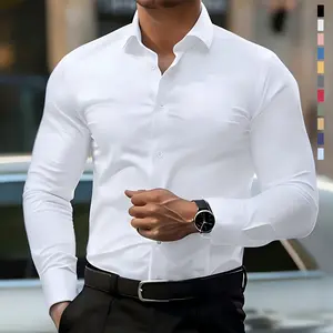 Non-stretch men’s slim-fit long-sleeve shirt; casual button-front dress shirt suitable for semi-formal and business-casual occasions; men’s formal inner layer; solid-color pointed-collar button-front long-sleeve shirt; menswear