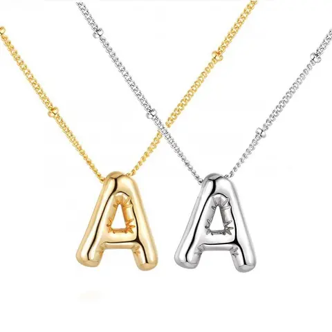 Bubble Letter Initials Necklace - Metal Coated 3D Balloon Shape Pendant, Fantasy Look Name Jewelry, Holiday Gift for Women (Necklace with Initials)