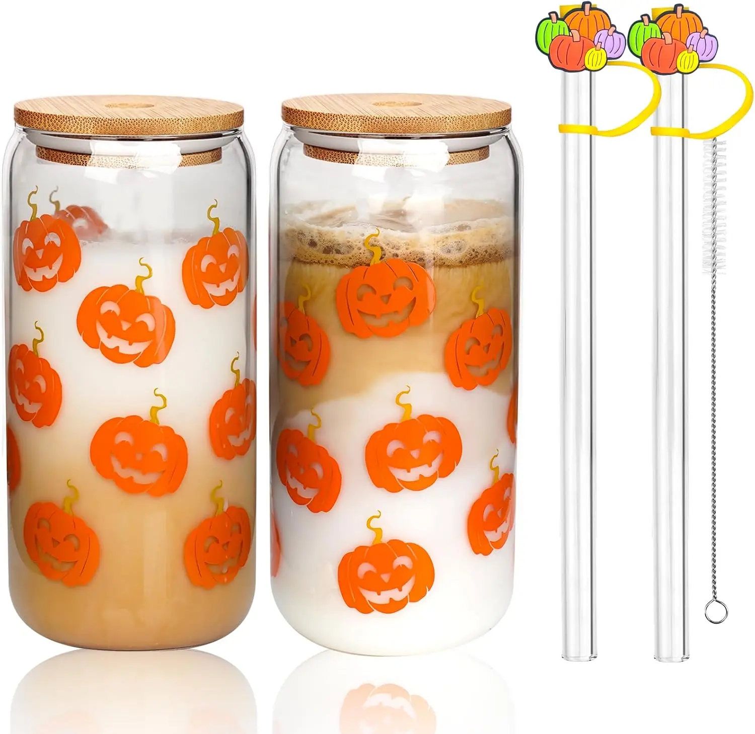 ANOTION Fall Home Decor Back to School  2026 Halloween Drinking Glass with Bamboo Lid and Straw, Beer Glass Tumbler for Mojito Soda Smoothies Whiskey Iced Coffee Cocktail Tea Juice Drinkware Set