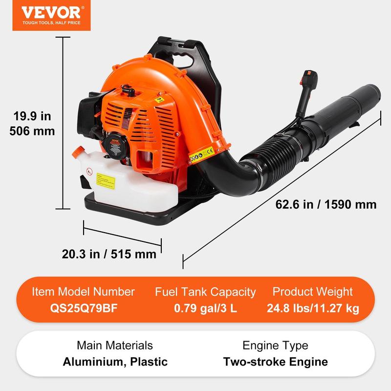 VEVOR Backpack Gas Leaf Blower, 3 Sizes (79CC/62CC/52CC), 2-Cycle Gas Powered Blower with 3L Fuel Tank, Ideal for Lawn Care