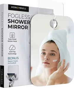 HONEYBULL Shower Mirror Fogless for Makeup Removal & Shaving - Flat Anti Fog Mirror with Razor Holder for Shower, Shower Accessories