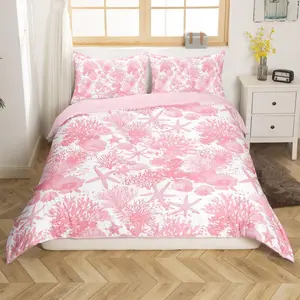 Pink Beach Ocean Theme Duvet Cover Sea Shell Coral Bedding Set for Kids Boys Girls Summer Nautical Comforter Cover Soft Microfiber,No Comforter