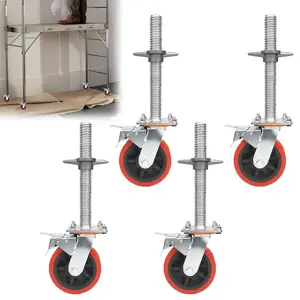4 Pack 6" Adjustable Leveling Scaffolding Wheels, 1-1/5" OD Scaffold Screw with Brake, 13" Hight Adjustable, Heavy-Duty Scaffold Leveling Jacks