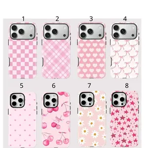 Cute Pink Aesthetic iPhone Case Hearts Cherry Daisy Bow Checkerboard plus 5 FREE Stickers