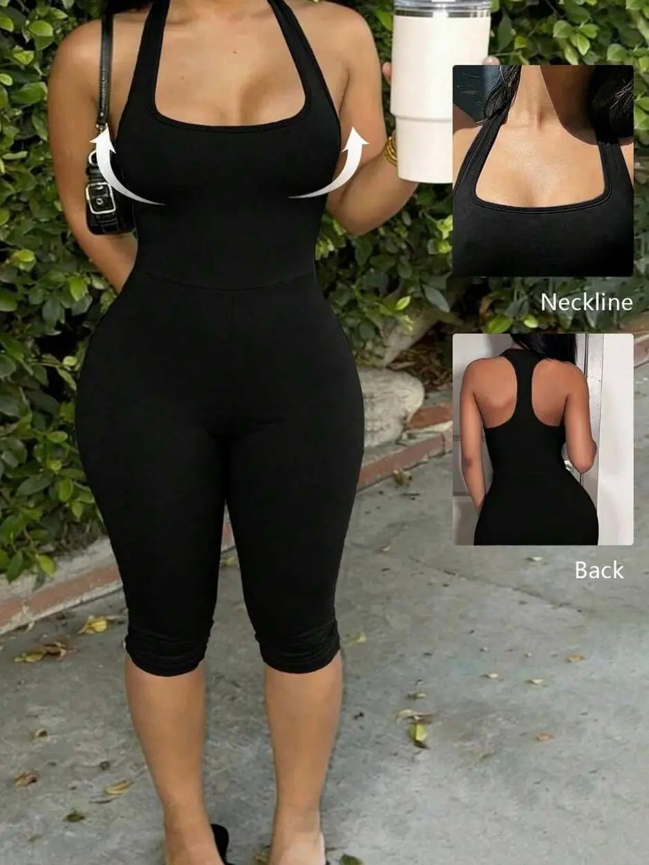 Black Tight Jumpsuit, U-Collar Slim-Fit 3/4 Pants, Sporty Y2K Style Bodysuit for Casual Work and Daily Wear