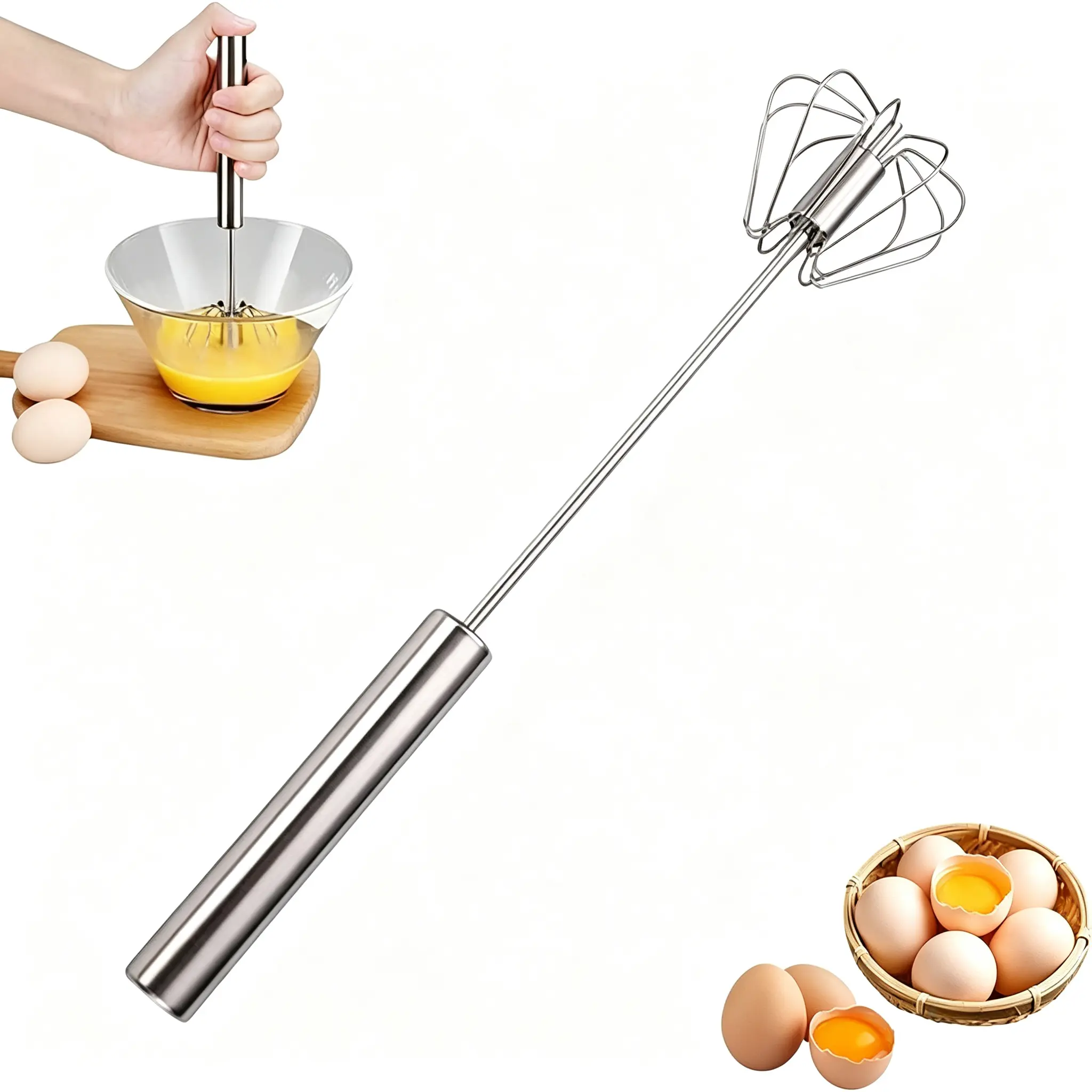 Manual Push Egg Mixer Stainless Steel Egg Whisk for Baking Cooking，Semi Automatic Stainless Steel Egg Whisk Hand Push Rotating Egg Beater Manual Mixer for Baking Egg Cream Milk Frothing Kitchen Gadget