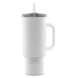 Ello Port 40oz Tumbler with Carry Loop & Integrated Handle, Vacuum Insulated Stainless Steel Reusable Water Bottle, Travel Mug with Leak Proof Lid & Straw, Perfect for Iced Coffee & Tea, White