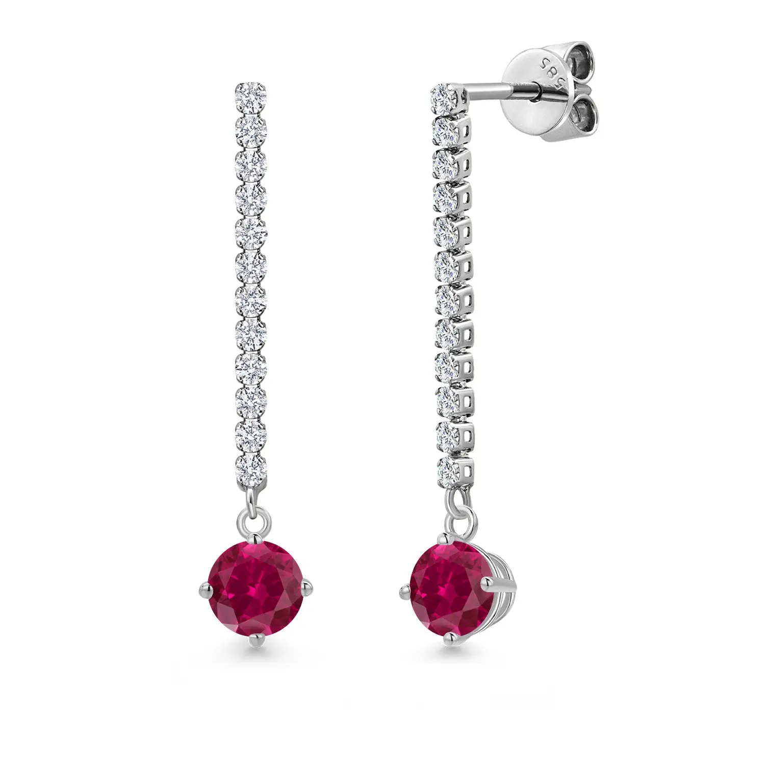 14K White Gold Red Created Ruby and White Lab Grown Diamond Long Liner Dangle Earrings for Women | 1.56 Cttw | Gemstone July Birthstone | Round 5MM | White Gold Chain Drop Earrings