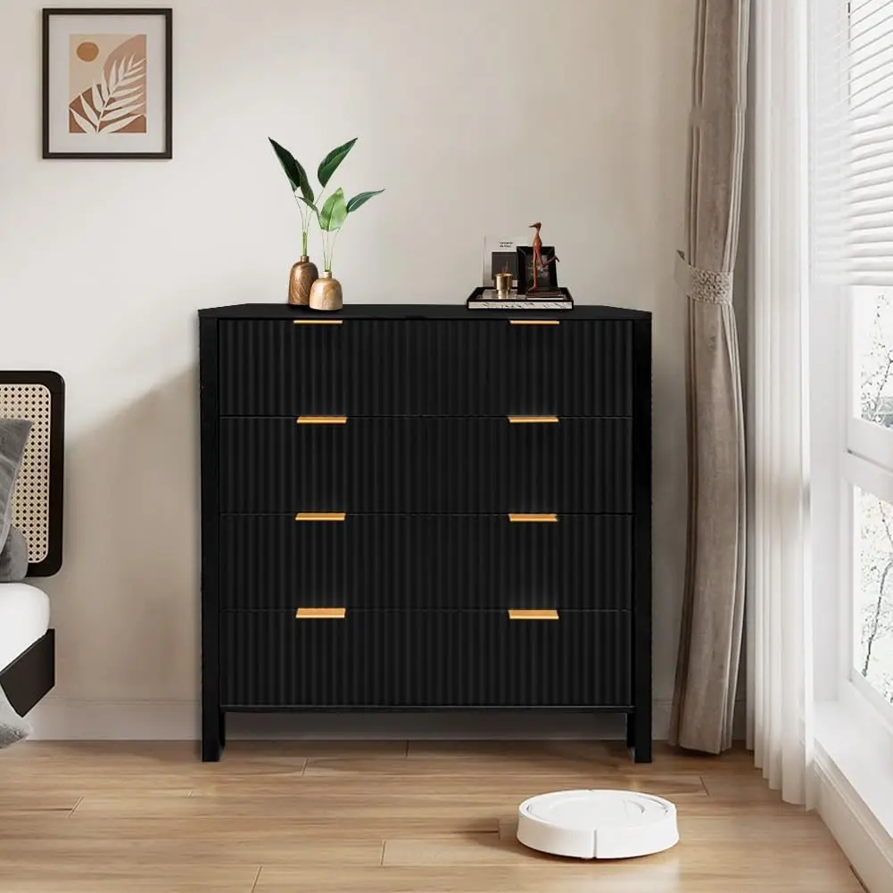 Black 4-Drawer Cabinet - MDF Wood Storage Unit with Wave Pattern Fluted Panels, Silent Slides, Stable Aluminium Frame Modern Credenza, Contemporary Home Decor for Bedroom, Living Room (Assembly-Required Home Improvement Piece)