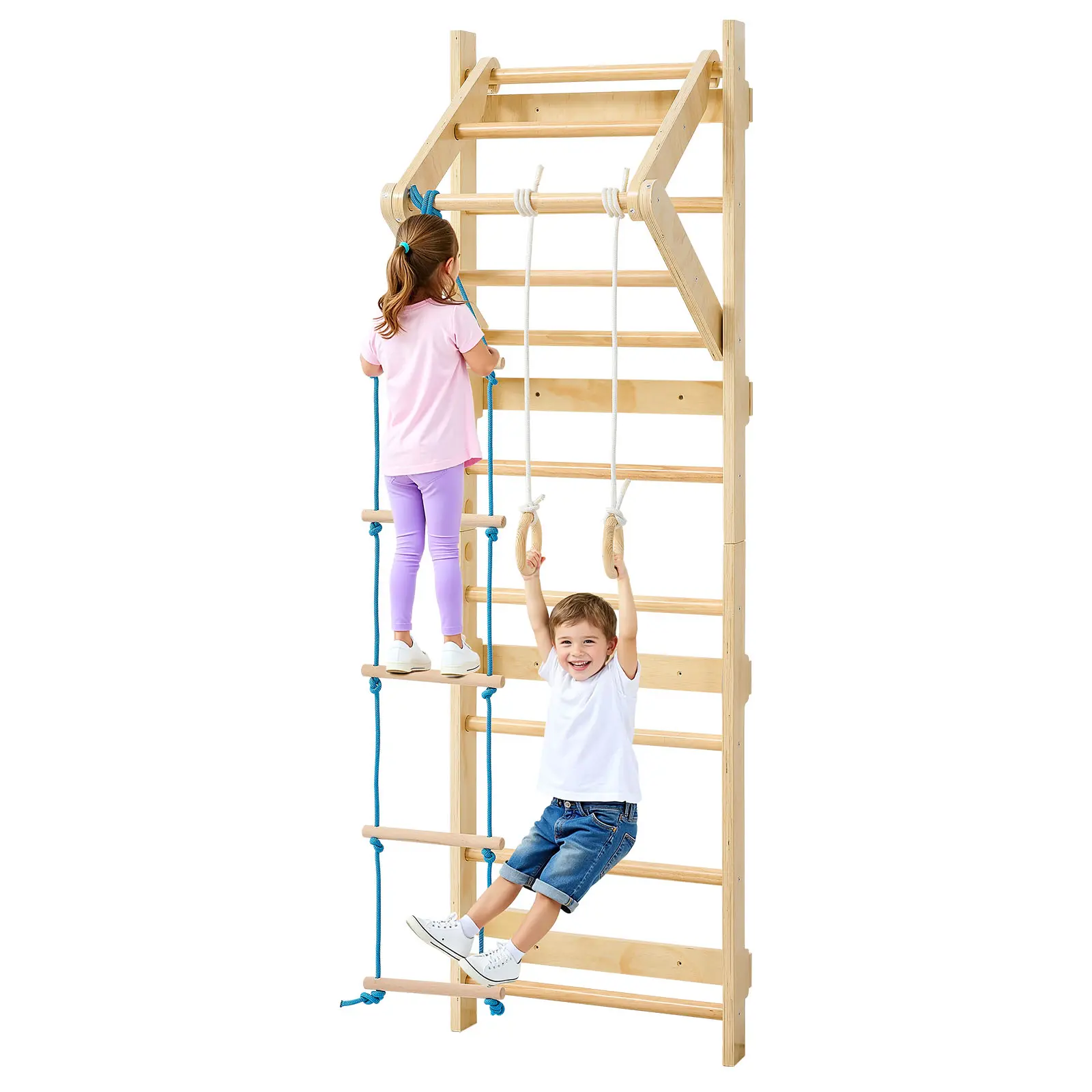 VEVOR Swedish Ladder Wall Gym,  4-in-1 8-Level Indoor Jungle Gym, 220LBS Loading Solid Wood Gymnastic Stall Bars, Indoor Playground Climbing Playset with Gym Rings, Pull-Up Bar, Rope Ladder, Wall Ladder