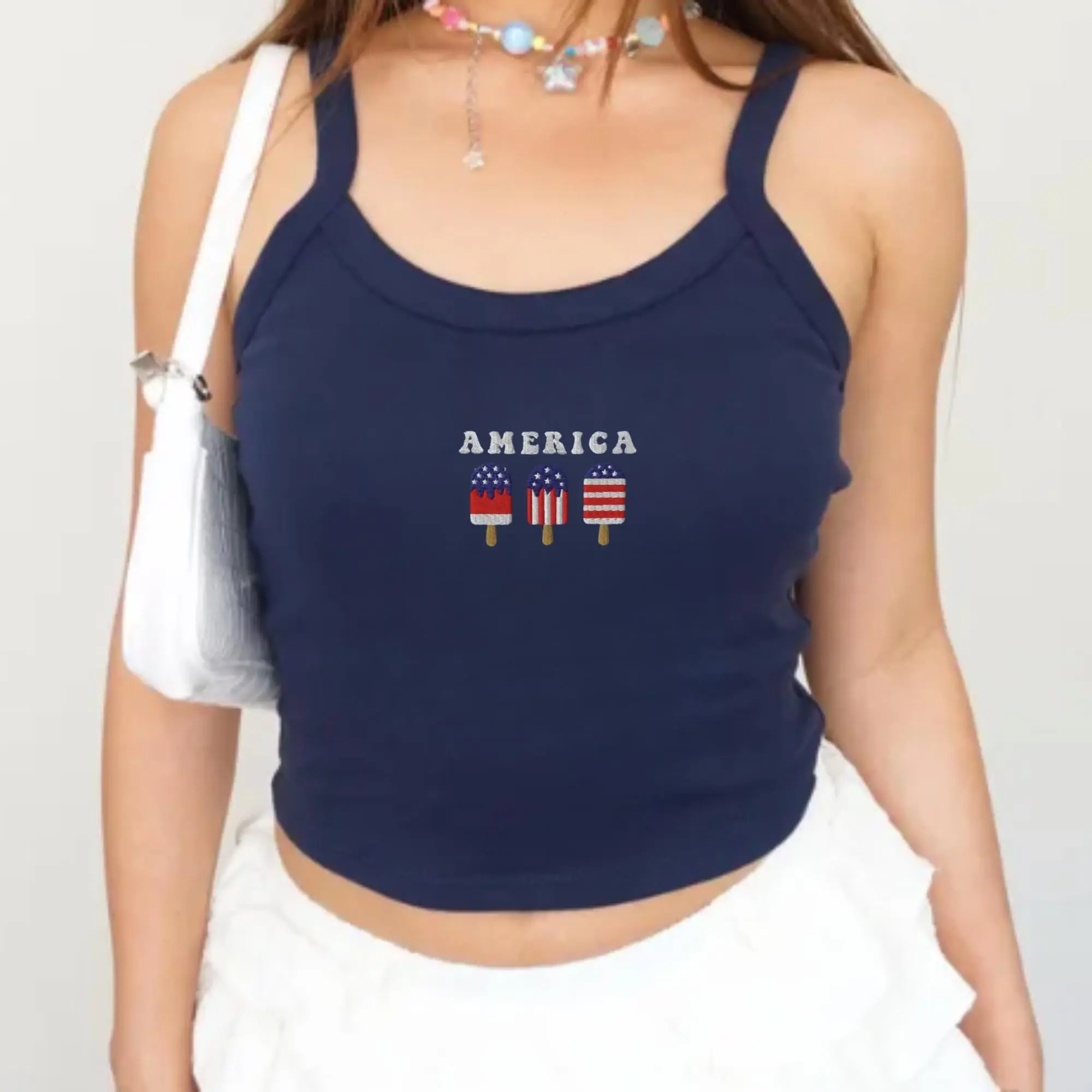 Embroidered America Popsicle Cropped Tank Top, Trendy Fourth of July Tank Top, Y2K Jul 4th Shirt, Patriotic Baby T-Shirt, 90s USA Shirt