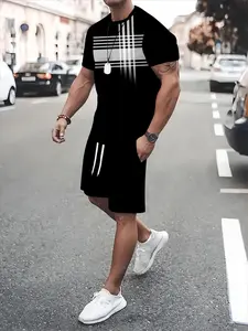 Men's Large Size Casual Sports Style Mesh Pattern T-Shirt Top Set, Short Sleeve Fitted Shorts, All Seasons, Regular Length, No Zipper