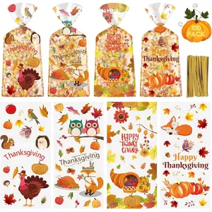 100 count Happy Thanksgiving  Bags - Plastic Fall Thanksgiving  Bags, Clear Autumn Goodie Candy Favor Cellophane Bag with  Twist Ties for Thanksgivings Party Favors Supplies