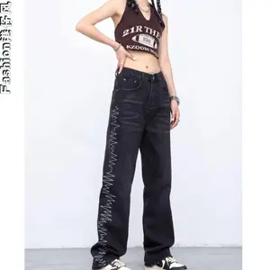 Women's Hip Hop Street Style Black Embroidered Straight Leg Jeans Loose National Trend Ins Casual Pants for Spring and Autumn - Bottoms Plump Womenswear Womenswear Plump Trouser Streetwear