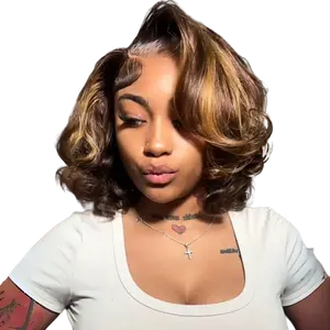 [New In 7x6 Wig] MENGLLE Honey Blonde Highlight / Natural Black / Brown Short Bouncy Body Wave Glueless 7x6 Transparent Lace Front Human Hair Side Part Bob Wig#Summervibes#DealsForYouDays
