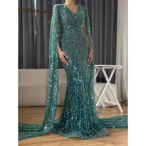 White Luxury Pearls Beaded Mermaid Evening Dress 2025 with Cape Sleeves - Ideal for Women's Wedding Party
