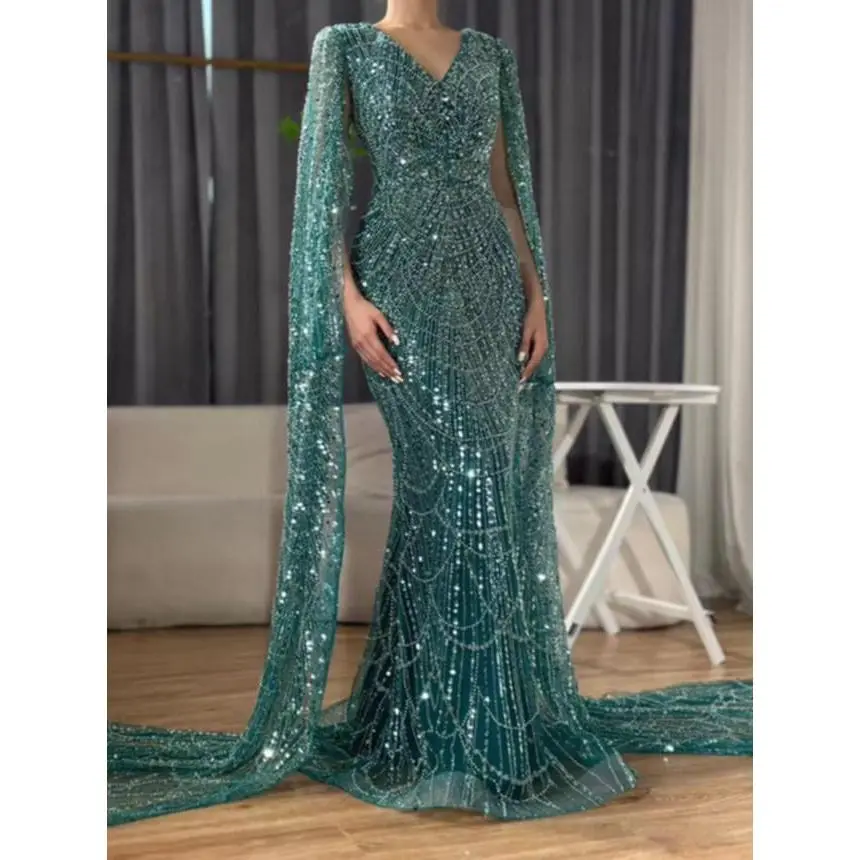 White Luxury Pearls Beaded Mermaid Evening Dress 2025 with Cape Sleeves - Ideal for Women's Wedding Party