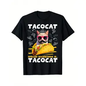 Unisex Tacocat Graphic T-Shirt 100% Cotton Casual Crew Neck Short Sleeve Humorous Cat And Tacos Design Machine Washable Multiple Sizes S-XXXL Black Color Print