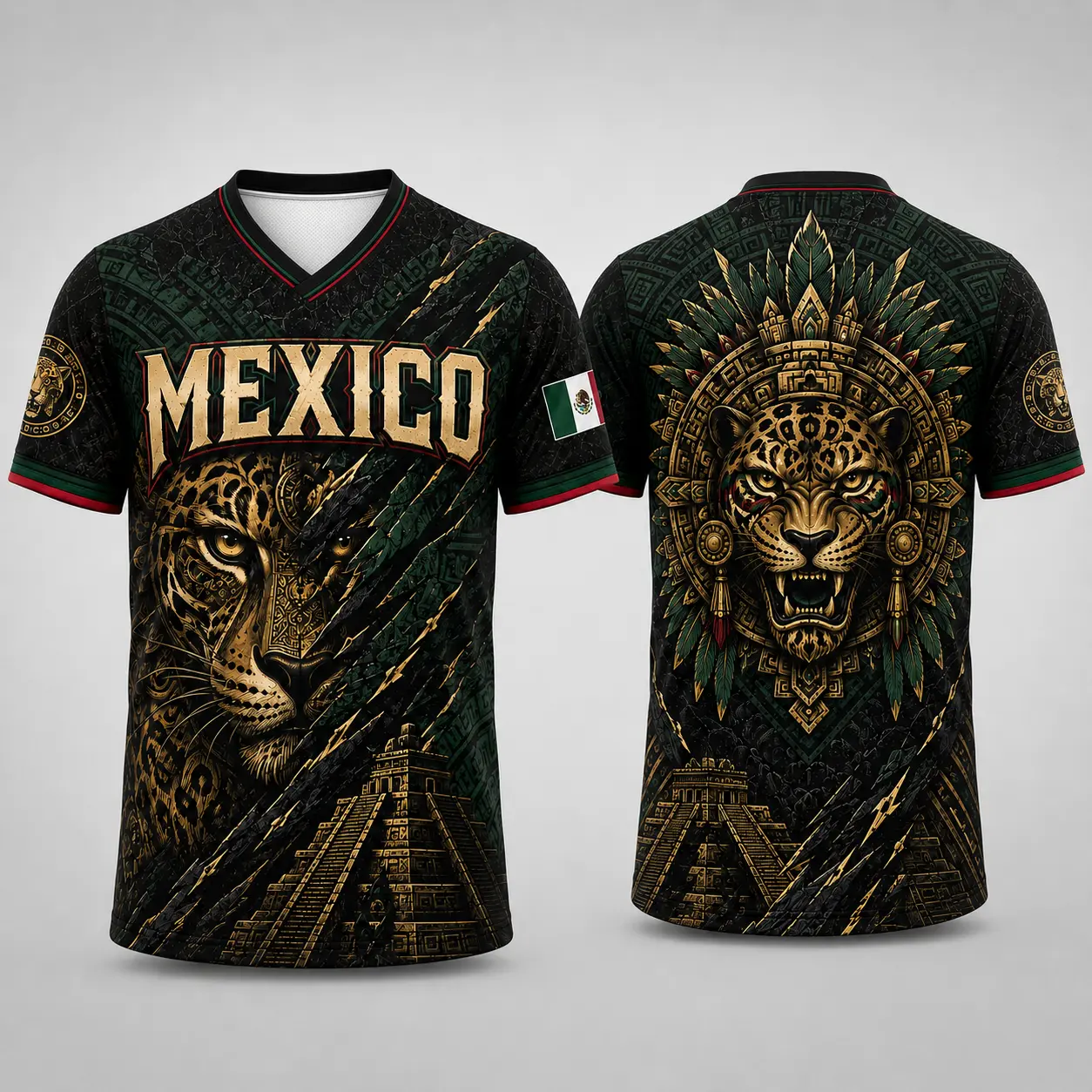 Mexican-Inspired Black Gold Jaguar V-Neck Graphic Shirt, Ancient Temple Animal Print Short Sleeve Sports Top, Cultural Casual Shirt for Men