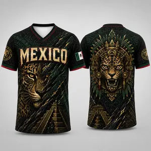 Mexican-Inspired Black Gold Jaguar V-Neck Graphic Shirt, Ancient Temple Animal Print Short Sleeve Sports Top, Cultural Casual Shirt for Men