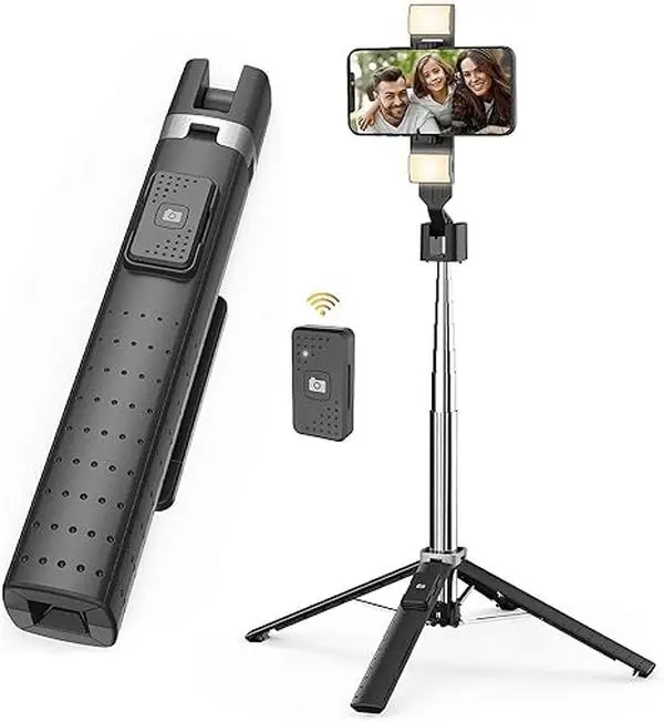 Selfie Stick Tripod Quadrapod with 2 Rechargeable Fill Light, Extendable Tripod with Bluetooth Remote, 3 Light Modes, All iPhone & Android Portable Camera