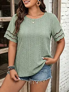Plus Size Women's Casual Patchwork Sleeve T-Shirt, Classic Pierced Embroidery Design, Comfortable Fashion Daily Wear, Medium Length, Loose Fit