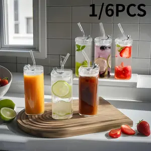 Square Glass Coffee Cup Set, Includes Lid & Straw, Reusable Design, Ideal for Office Home School Outdoor Use