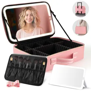 Mother's Day Gifts Glow-In-Bag Makeup Organizer with Mirror, Leopard Print Makeup Case with LED Lighted Mirror, Travel Cosmetic Bag with Adjustable Dividers & Detachable Brush Holder, Portable Beauty Case for Makeup Artists & Travel Essentials