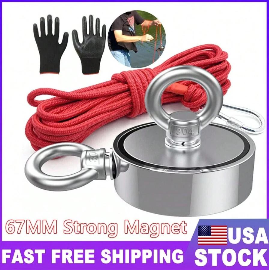 1300 LBS Strong Fishing Magnet Kit Double-Sided Neodymium iron boron magnet Pull Force And Rope Carabiner  For Magnetic Fishing, Treasure Hunting And Metal Item Retrieval