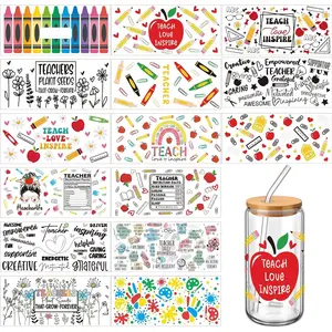 15 Sheets UV Dtf Cup Wrap Transfer Stickers Teacher Appreciation Cup Transfer Decals for 16 oz Glass Water Bottle 9.8 x 4.7 Inch  Mug Stickers Craft DIY(Teacher)