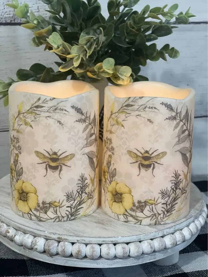 Set of 2 Spring Honey Bee Inspired 4" Flameless Flickering LED Candles on Black Wooden Risers for Mothers Day Home Decor Summer Ambiance - Ambient Night Light