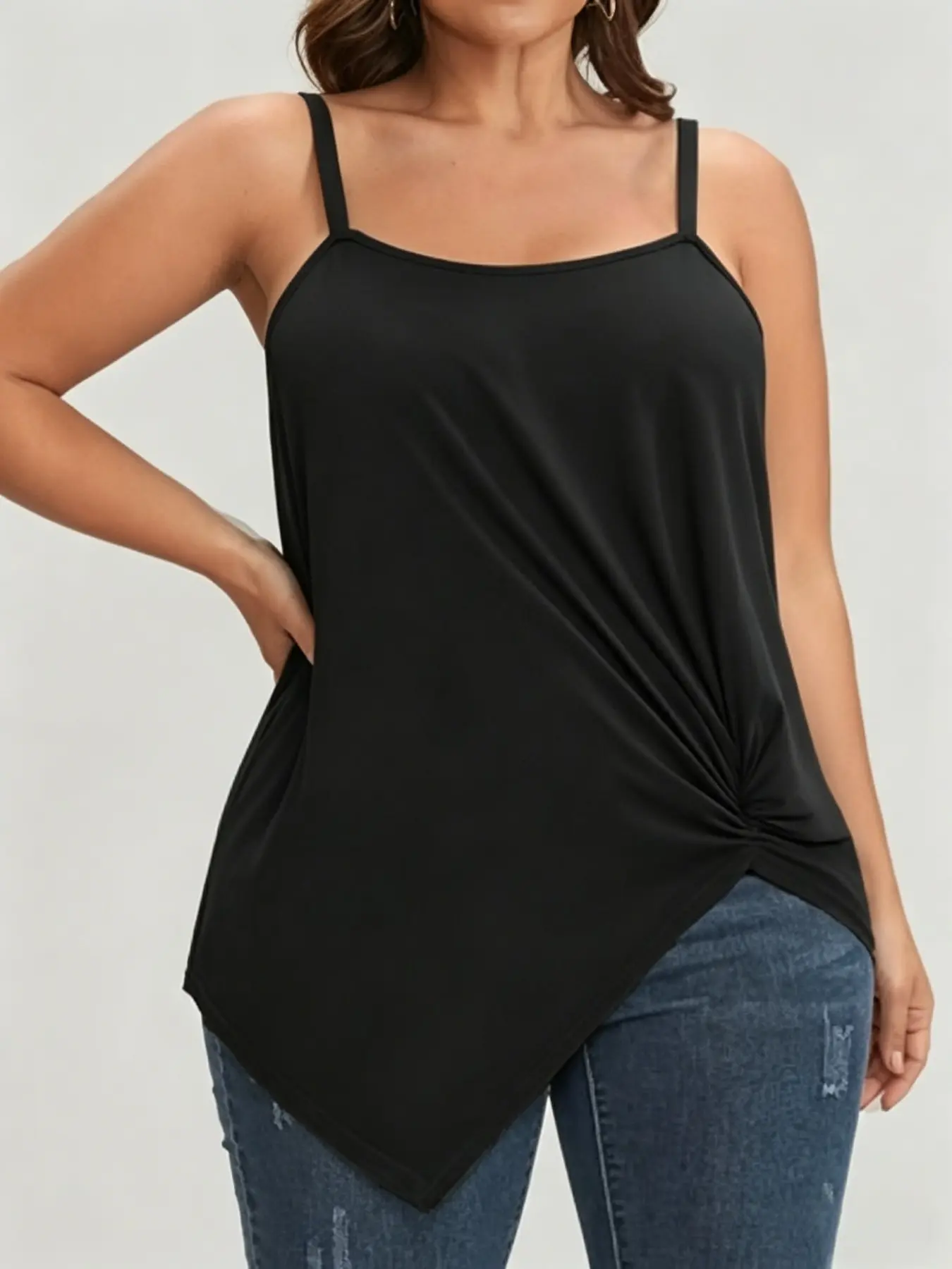 New European and American Style Casual Chic Sleeveless Plus Size Women's Fit Summer Camisole Tank Top, Spaghetti Strap Sleeveless Irregular Pleated Solid Color Strapless Vest, Fashionable and Comfortable Womenswear