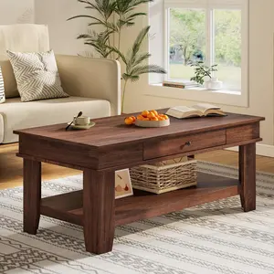 Walnut Coffee Table 47.2" Center Table with Drawer and Storage Shelf, Large Coffee Tables Living Room Furniture, Sturdy and Easy to Clean, Holds 300 Pounds in Total