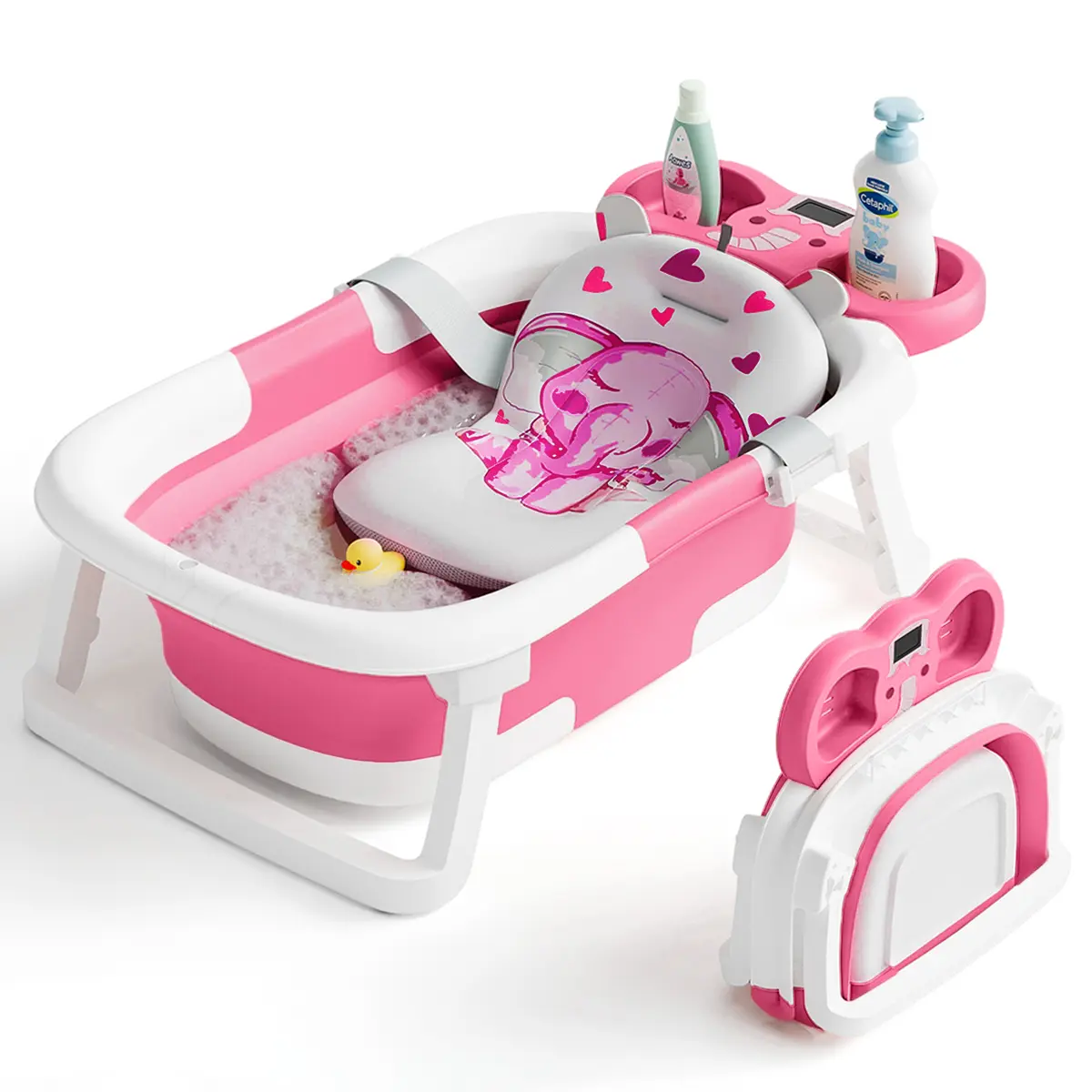 Collapsible Baby Bathtub with Real-time Temp Monitor + Floating Cushion, Foldable Baby Bath Tub Set - Perfect Portable Travel Baby Tub Cute Care