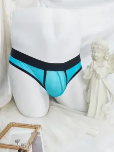 1Pc Men's Contrast Color Mesh Thong, Double Strap Hip Lift, U-Pouch Design, Breathable & Comfortable, Sporty Fitness & Party Underwear