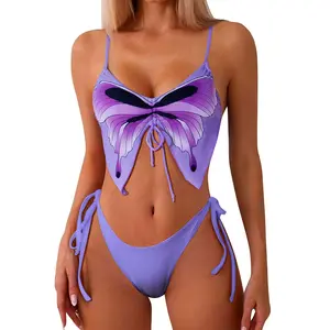 Aprilake Women's Two Piece Adjustable Shoulder Strap V Neck Butterfly Print Sexy Bikini Swimsuit