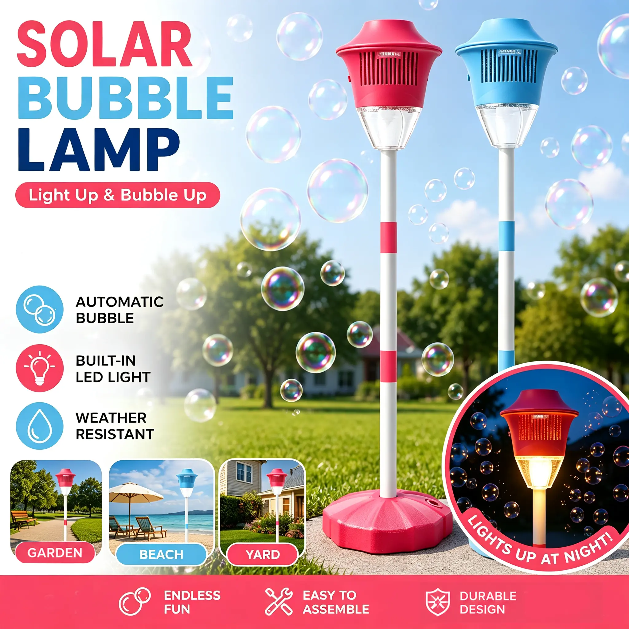 Rechargeable 3-in-1 Standing Bubble Machine (1 Pack, 2 Pack Options) for Bubble Lovers, Party Lovers, Wedding & Birthday, with Colorful LED Lights, Music, 2 Working Modes, 3 Adjustable Heights, Auto Outdoor Celebration Toy