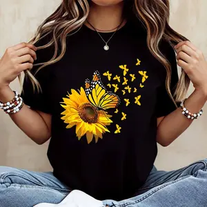 Sunflower And Butterfly Print T Shirt  Casual Loose Fit For Everyday Wear And Light Activities