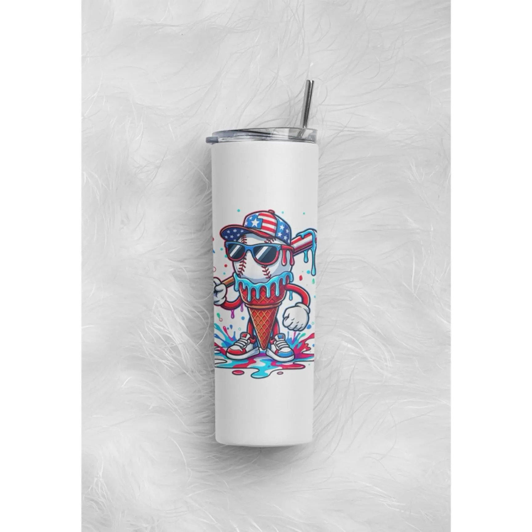 Baseball Lifestyle Tumbler with Patriotic Ice Cream Cone Design and Straws
