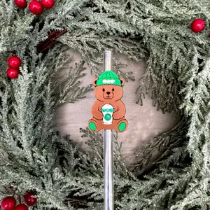 Bear Coffee Green Hat 3d Printed Straw Topper with Rhinestones 10mm