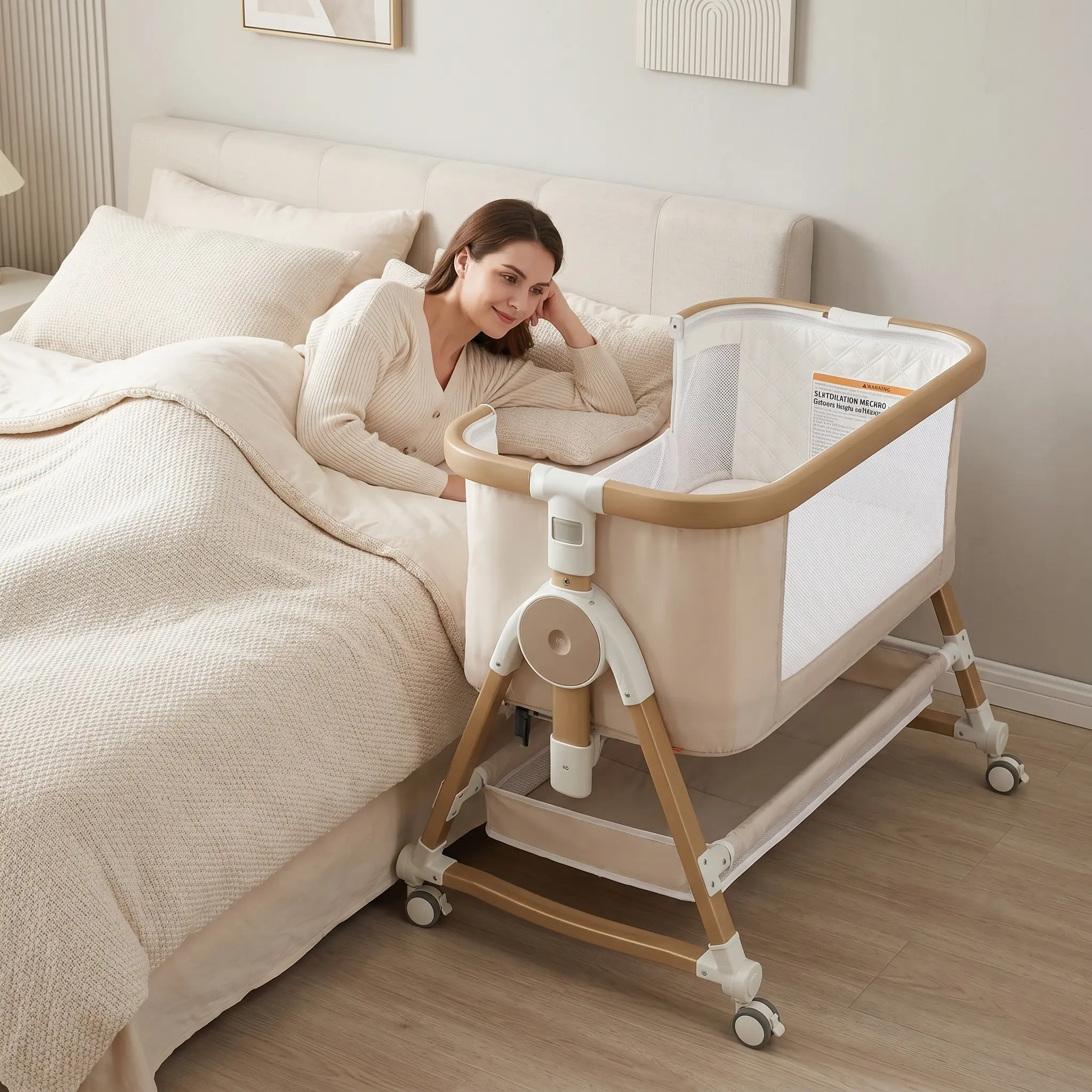 4 in 1 Baby Bassinet, Bassinets Bedside Sleeper with Wheels and Storage Basket, Adjustable 7 Heights Bedside Sleeper with Mosquito Net, Breathable Mesh Rocking Bassinet for Baby | movable, big storage basket, big mesh sides