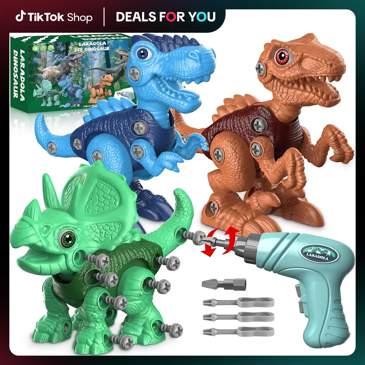 Laradola 3PCS Dinosaurs Toy with Box & Electric Drill Gift for Kids, Take Apart Assemble STEM Dino Toys - Construction Building Dino Animal Christmas